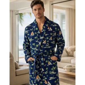 Polo Ralph Lauren Robe Mens Small Medium Navy Cotton Sleepwear Lounge Tropical